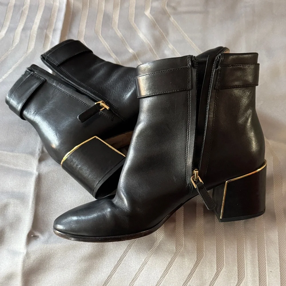 Tory Burch Sofia Dress Leather Black Leather Ankle Boots with Gold Accents - Picture 9 of 10